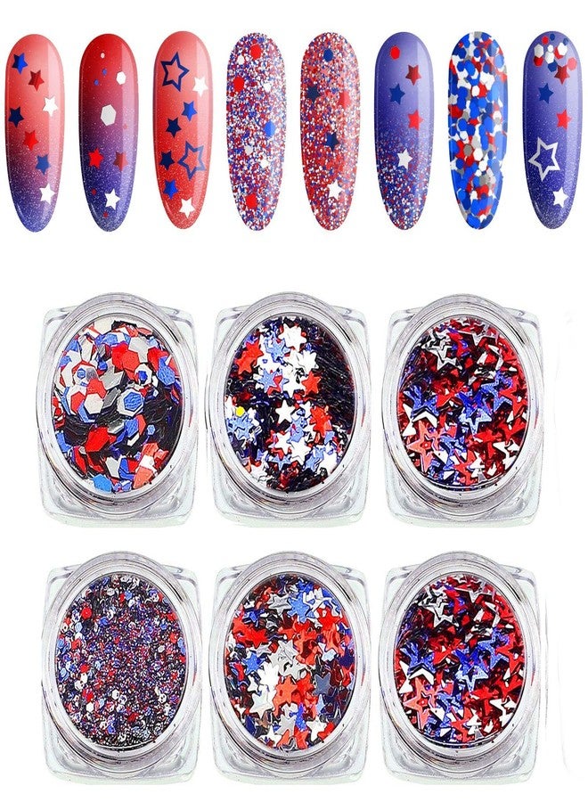 Furimuk Independence Day Star Glitter 4th of July Nail Art Sequins,6 Boxes Holographic Nail Decals Mixed Star Hollow Hexagon Circles Confetti Shaped for Women Girls Face Body Nail Decoration - Image 1